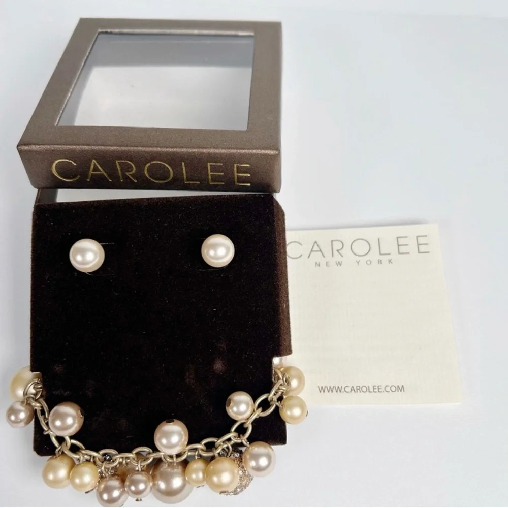 Carolee Bracelet Earring Boxed Set Charm Bracelet Pearls Dangling Pave GlobesNEW - Picture 6 of 9